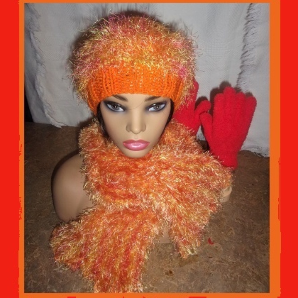 SET Fluffy Citrus Colors Scarf AND Hat AND Gloves